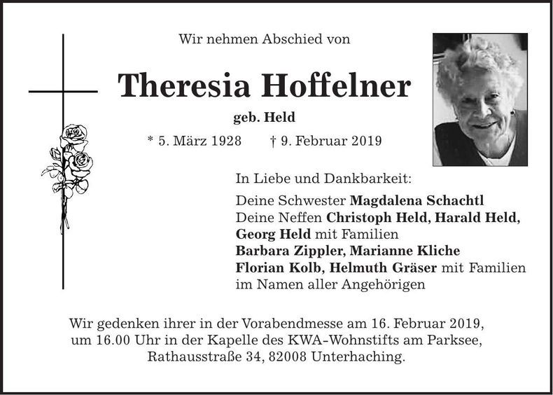 Traueranzeige Theresia Hoffelner