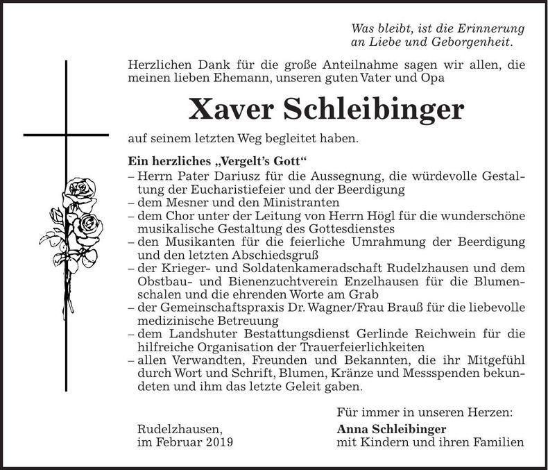 Traueranzeige Xaver Schleibinger