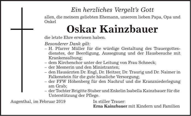 Traueranzeige Oskar Kainzbauer