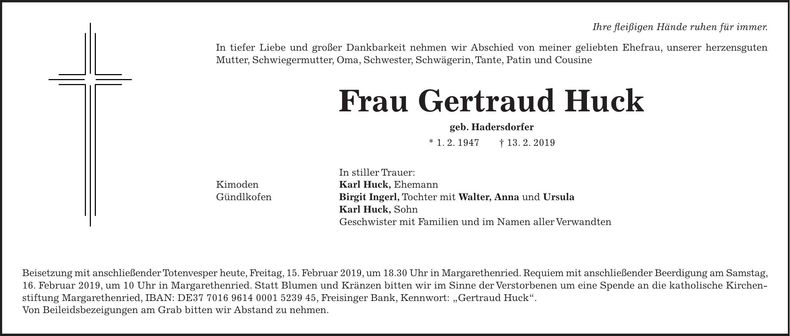 Traueranzeige Gertraud Huck