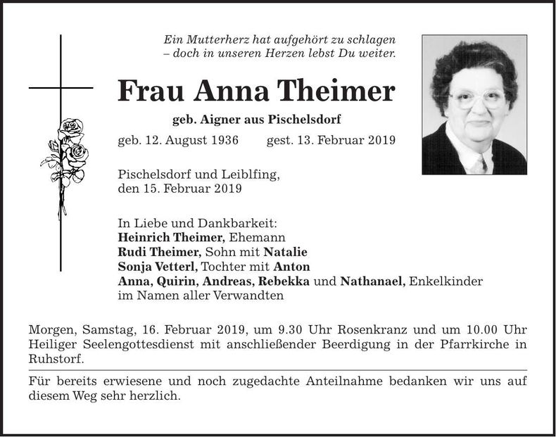 Traueranzeige Anna Theimer