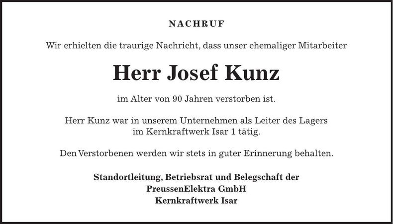 Traueranzeige Josef Kunz