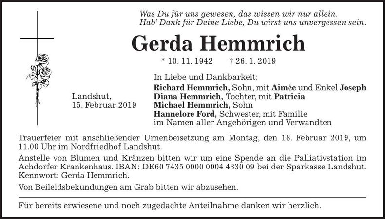 Traueranzeige Gerda Hemmrich