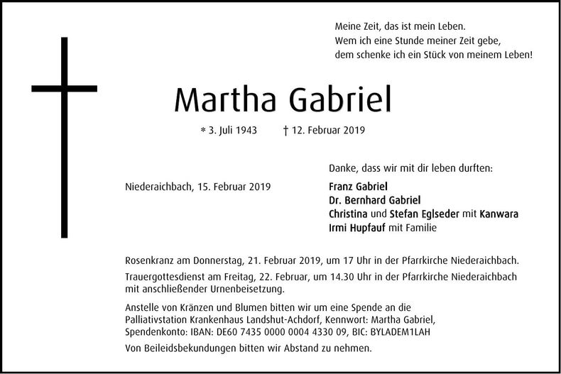 Traueranzeige Martha Gabriel