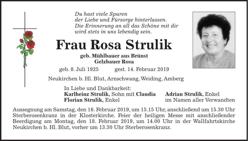 Traueranzeige Rosa Strulik
