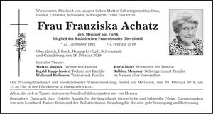 Traueranzeige Franziska Achatz