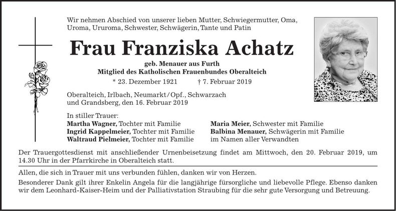 Traueranzeige Franziska Achatz