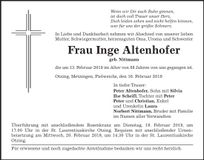 Traueranzeige Inge ALtenhofer