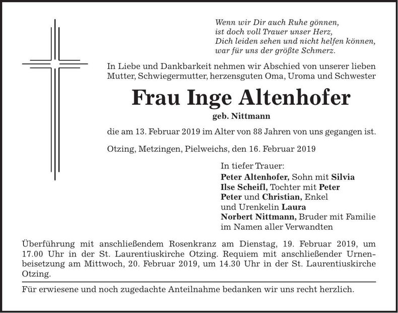 Traueranzeige Inge ALtenhofer