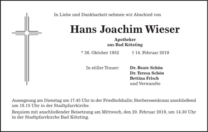 Traueranzeige Joachim Wieser