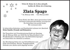 Traueranzeige Zlata Spago