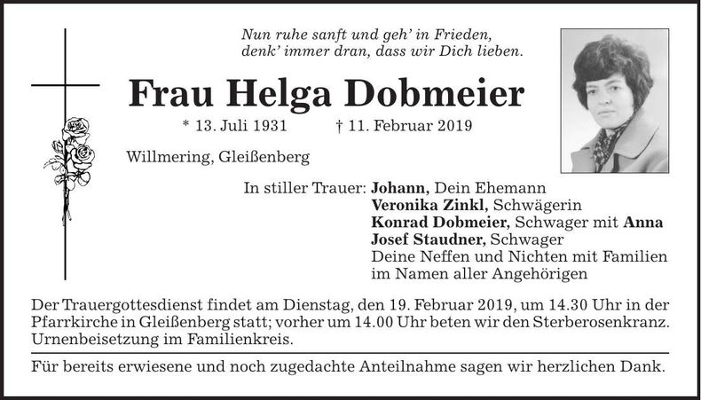 Traueranzeige Helga Dobmeier