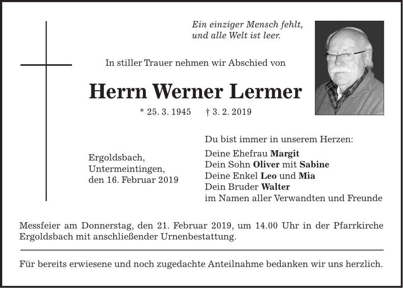 Traueranzeige Werner Lermer