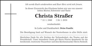 Traueranzeige Christa Straßer