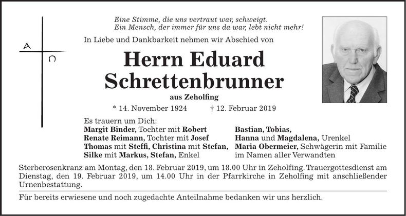 Traueranzeige Eduard Schrettenbrunner