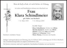 Traueranzeige Klara Schindlmeier