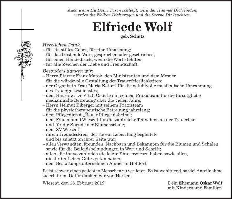 Traueranzeige Elfriede Wolf