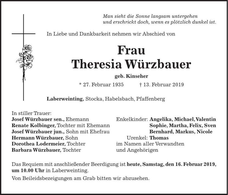 Traueranzeige Theresia Würzbauer