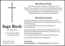 Traueranzeige Inge Rock