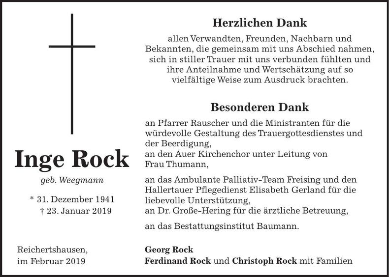 Traueranzeige Inge Rock