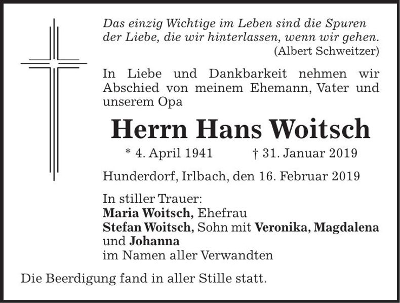 Traueranzeige Hans Woitsch
