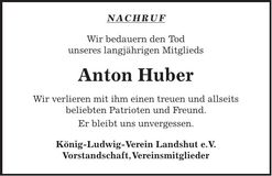 Traueranzeige Anton Huber