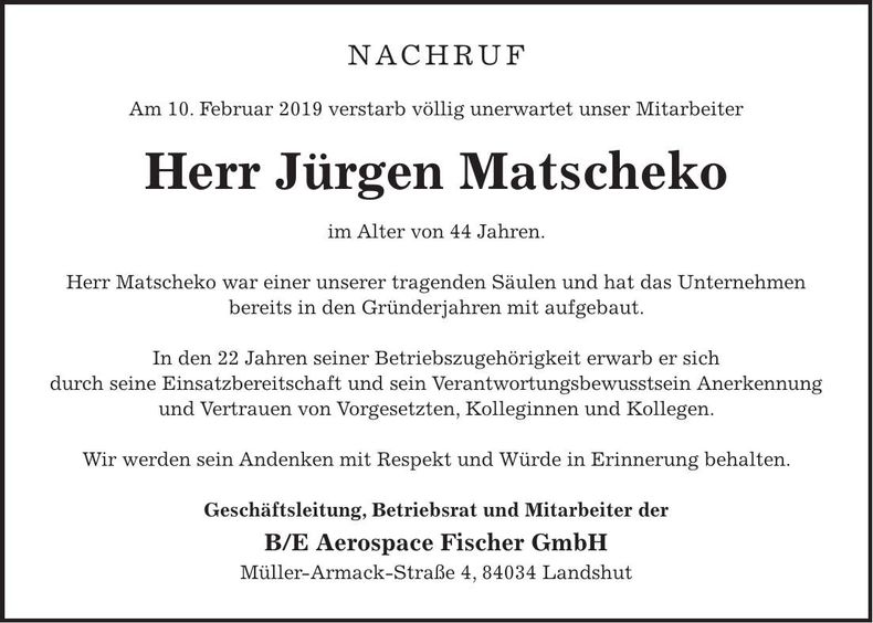 Traueranzeige Matscheko Jürgen