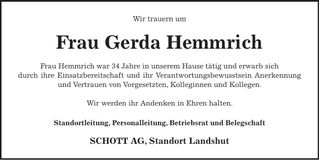 Traueranzeige Gerda Hemmrich