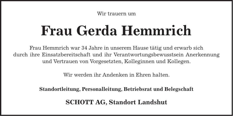 Traueranzeige Gerda Hemmrich