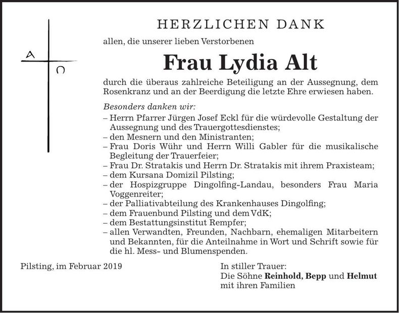 Traueranzeige Lydia Alt