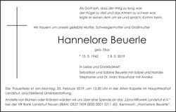 Traueranzeige Hannelore Beuerle