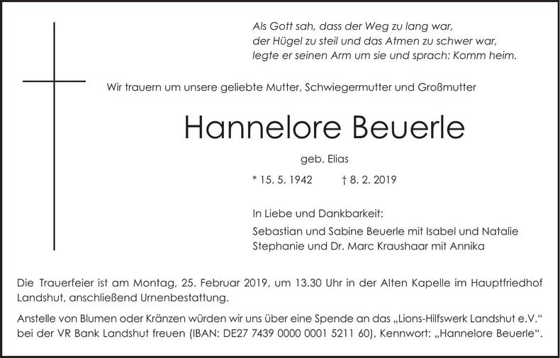 Traueranzeige Hannelore Beuerle