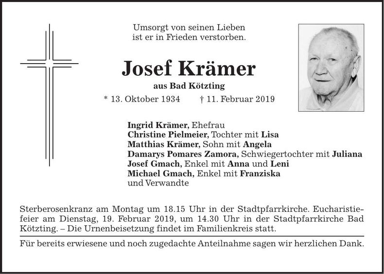 Traueranzeige Josef Krämer