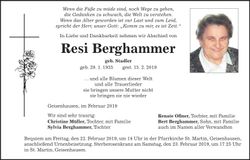 Traueranzeige Resi Berghammer