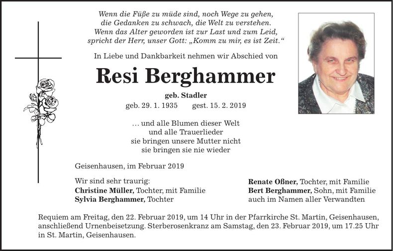 Traueranzeige Resi Berghammer