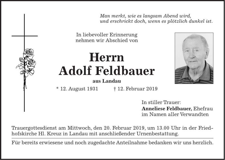 Traueranzeige Adolf Feldbauer