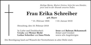 Traueranzeige Erika Schreiber