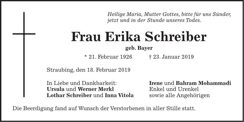Traueranzeige Erika Schreiber