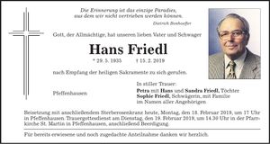Traueranzeige Hans Friedl