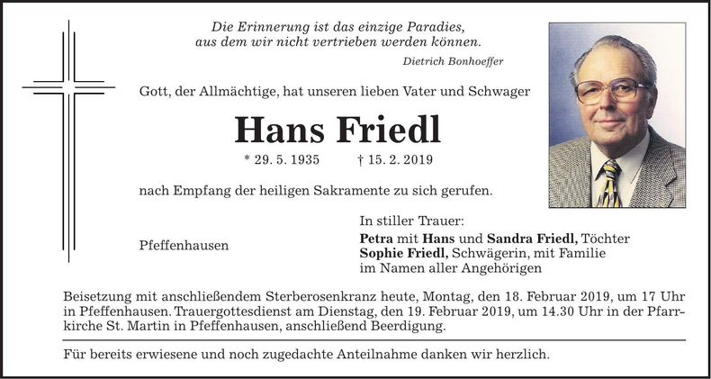 Traueranzeige Hans Friedl