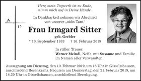 Traueranzeige Irmgard Sitter