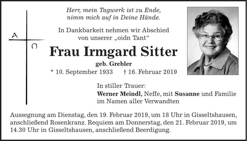 Traueranzeige Irmgard Sitter