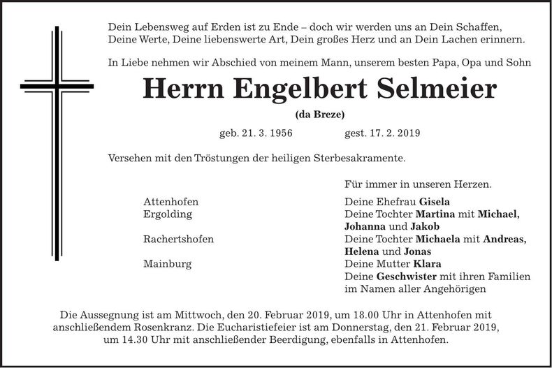 Traueranzeige Engelbert Selmeier