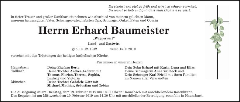 Traueranzeige Erhard Baumeister