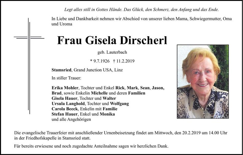 Traueranzeige Gisela Dirscherl