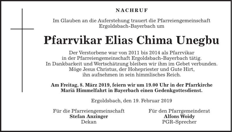 Traueranzeige Elias Chima Unegbu