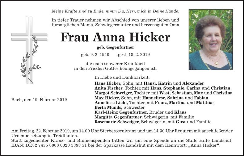 Traueranzeige Anna Hicker