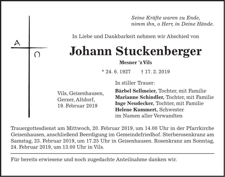 Traueranzeige Johann Stuckenberger