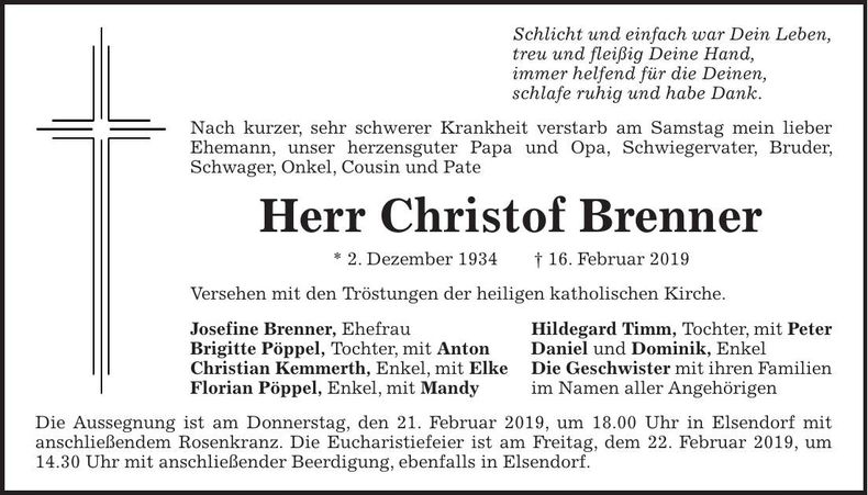 Traueranzeige Christof Brenner
