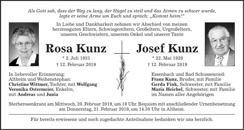Traueranzeige Rosa und Josef Kunz